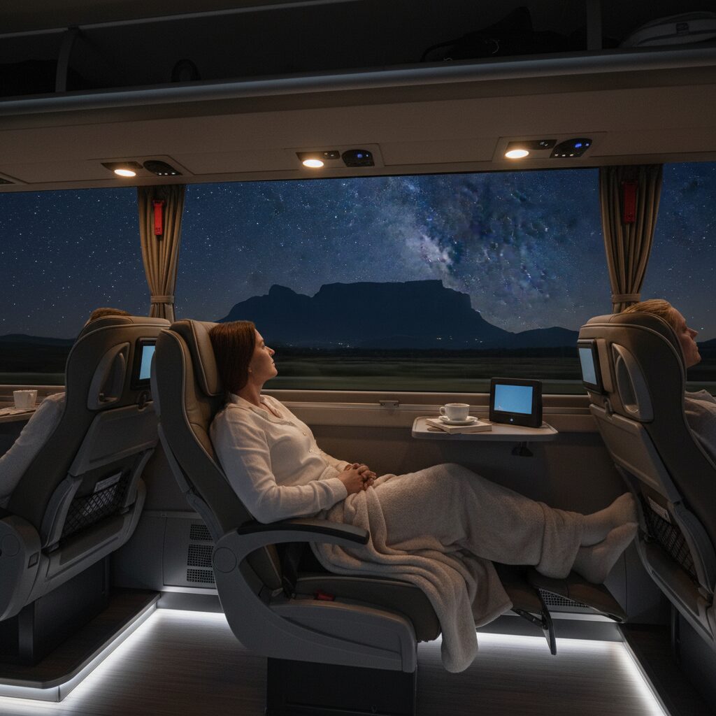 Interior view from a passenger's perspective inside a comfortable, modern bus on an overnight trip, showing a person relaxing in a spacious seat while looking out the window at the silhouette of Table Mountain against a starry sky.