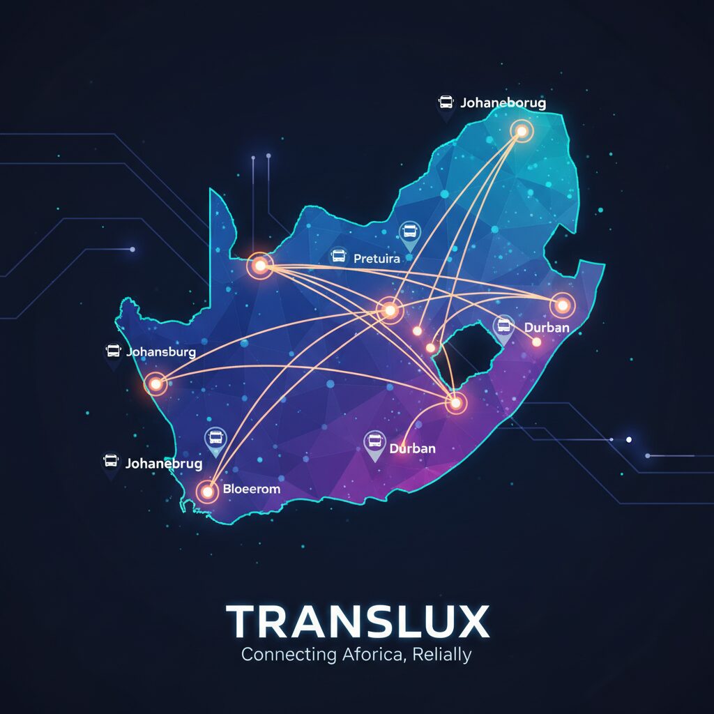 A stylized corporate illustration showing a glowing digital map of South Africa with numerous interconnected routes and city nodes, visually representing the comprehensive and reliable network of the Translux bus service.