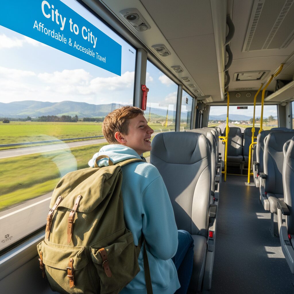 A vibrant, photorealistic shot of a young, happy student with a backpack looking out the window of a clean, modern bus, conveying the affordability and accessibility of budget-friendly travel with City to City.