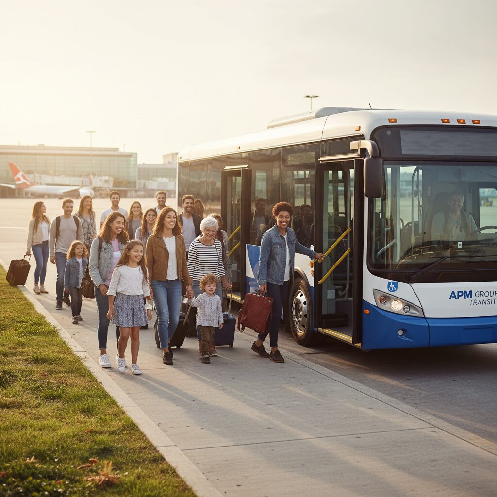 Photorealistic scene depicting a diverse group of travellers, including families and community members, cheerfully boarding a simple and functional APM bus, highlighting its role as a practical choice for group transport.
