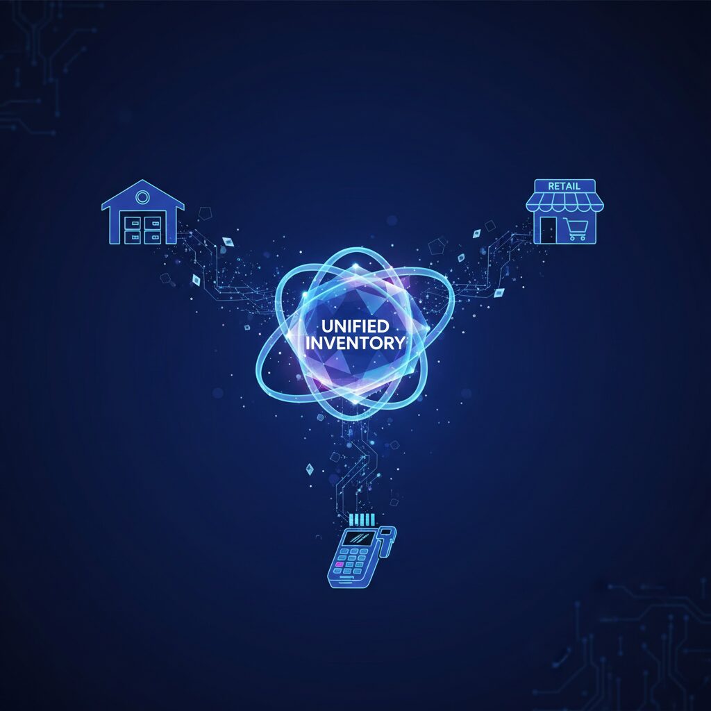 Abstract tech data visualization showing icons for a warehouse, a retail storefront, and a point-of-sale system connected by glowing data streams to a central, intelligent hub, representing a unified and integrated inventory management system on a dark blue background.
