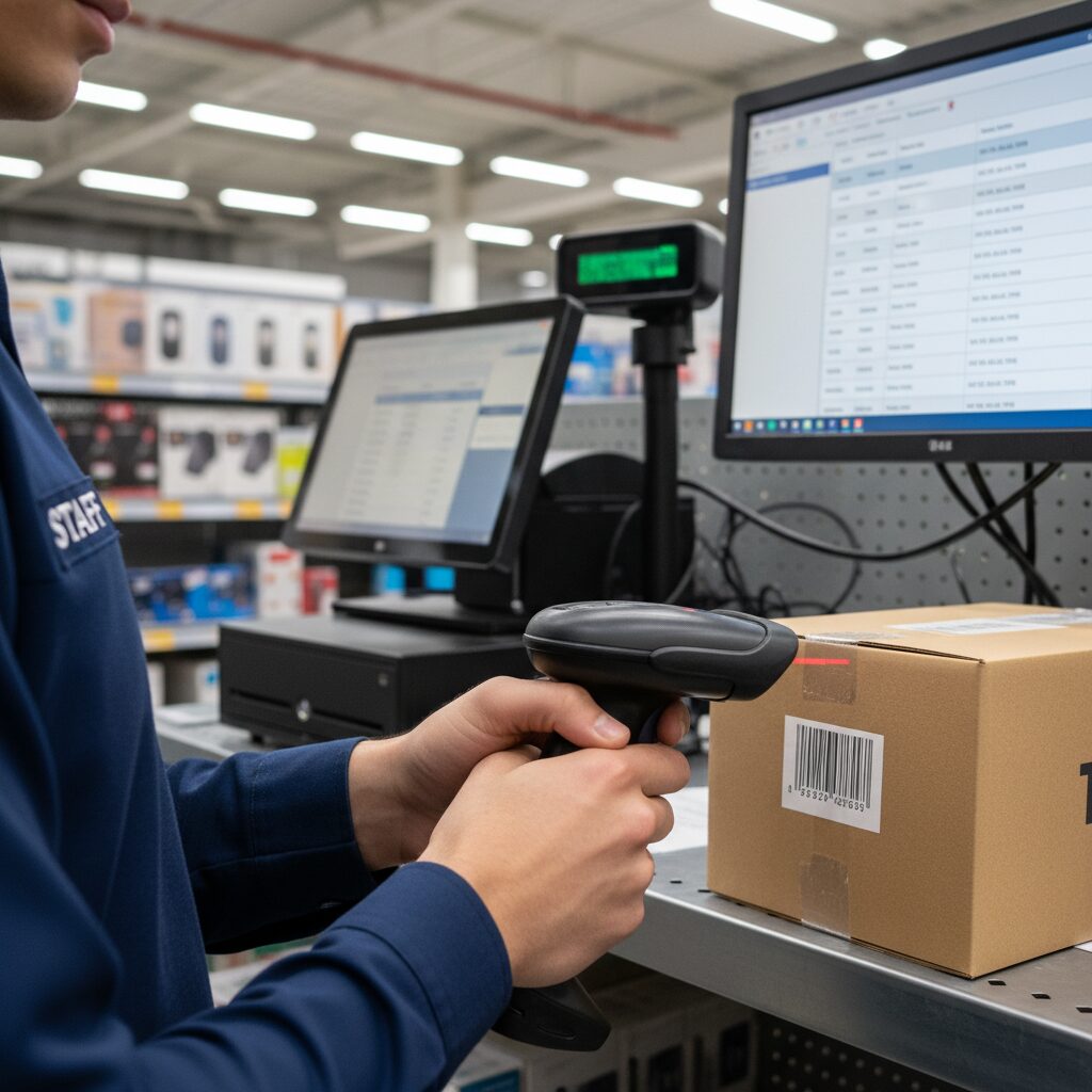 A close-up, photorealistic shot of a retail worker using a modern barcode scanner on a product box in a brightly lit stockroom; in the soft-focus background, a POS terminal and a computer monitor showing a stock management system are visible, highlighting the essential hardware components.