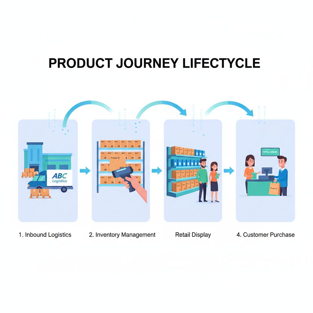 Corporate illustration depicting the product journey in four clear stages: a delivery truck at a warehouse, a box on a shelf being scanned, the product on a retail display, and a customer at a checkout counter, with digital arrows connecting each step to visualize the inventory management system lifecycle.