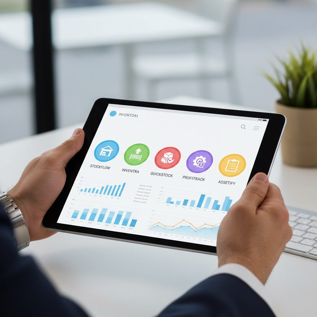 A close-up, photorealistic shot of a professional's hands holding a modern tablet that displays a dynamic dashboard UI, showcasing five different, sleek application icons representing the top free inventory management software solutions for small businesses.