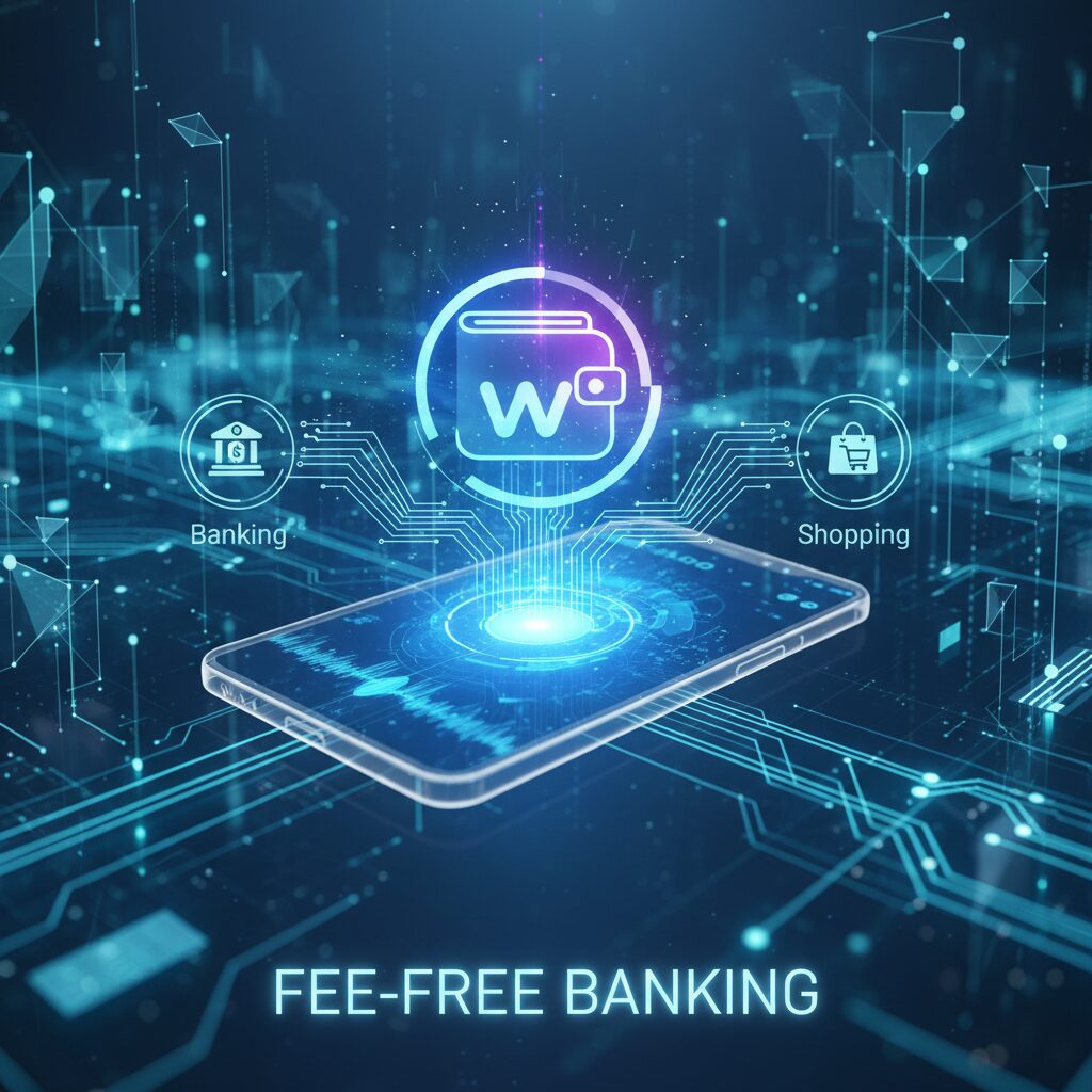 Abstract tech concept art showing a glowing digital wallet icon floating above a smartphone, representing the secure infrastructure of the money market app. Digital data lines connect the central wallet to banking and shopping icons, symbolizing a modern, fee-free alternative to traditional banking for South African users.