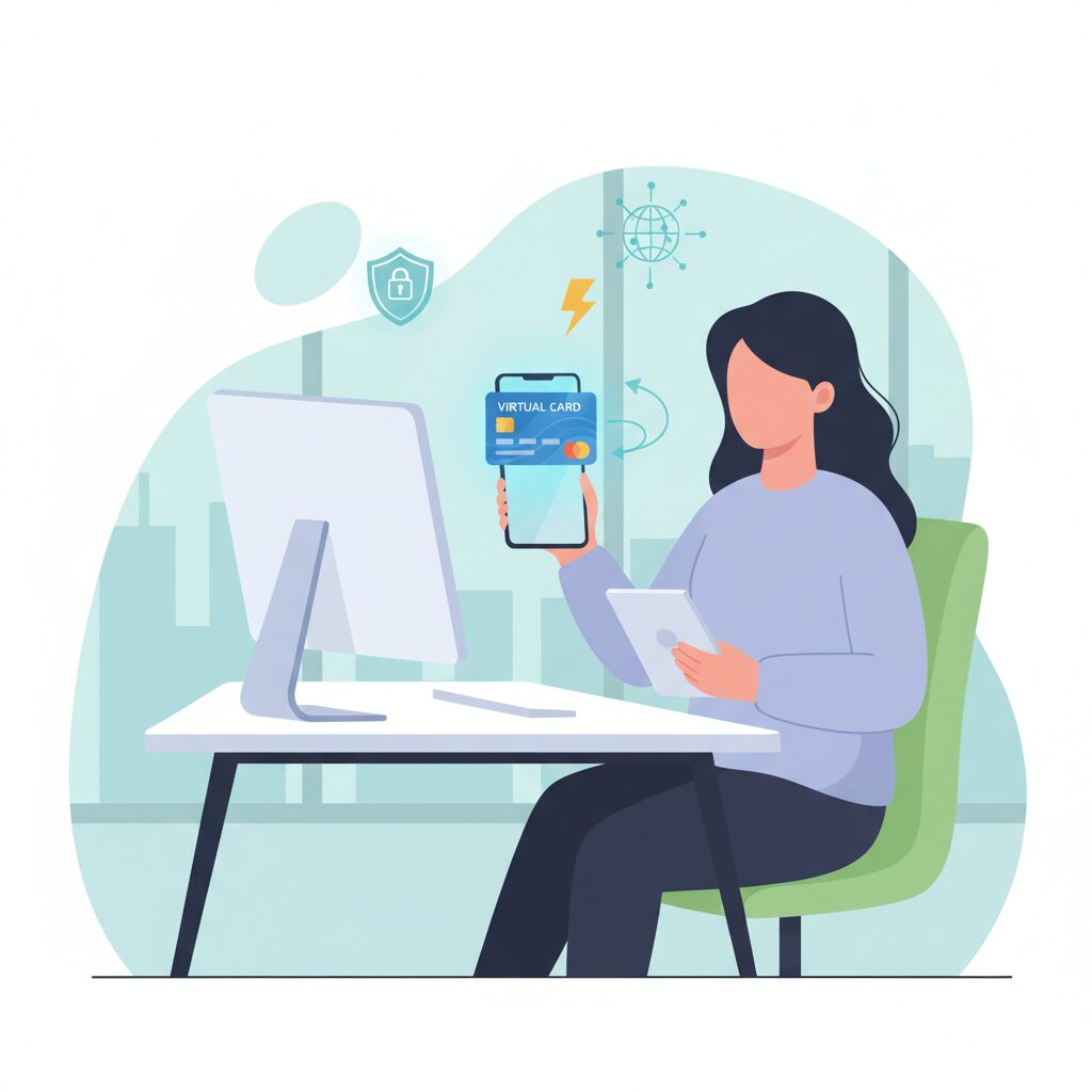 Corporate illustration of a remote employee at a clean, modern desk, instantly receiving a virtual card on their smartphone screen, surrounded by glowing digital icons representing security, speed, and global connectivity.