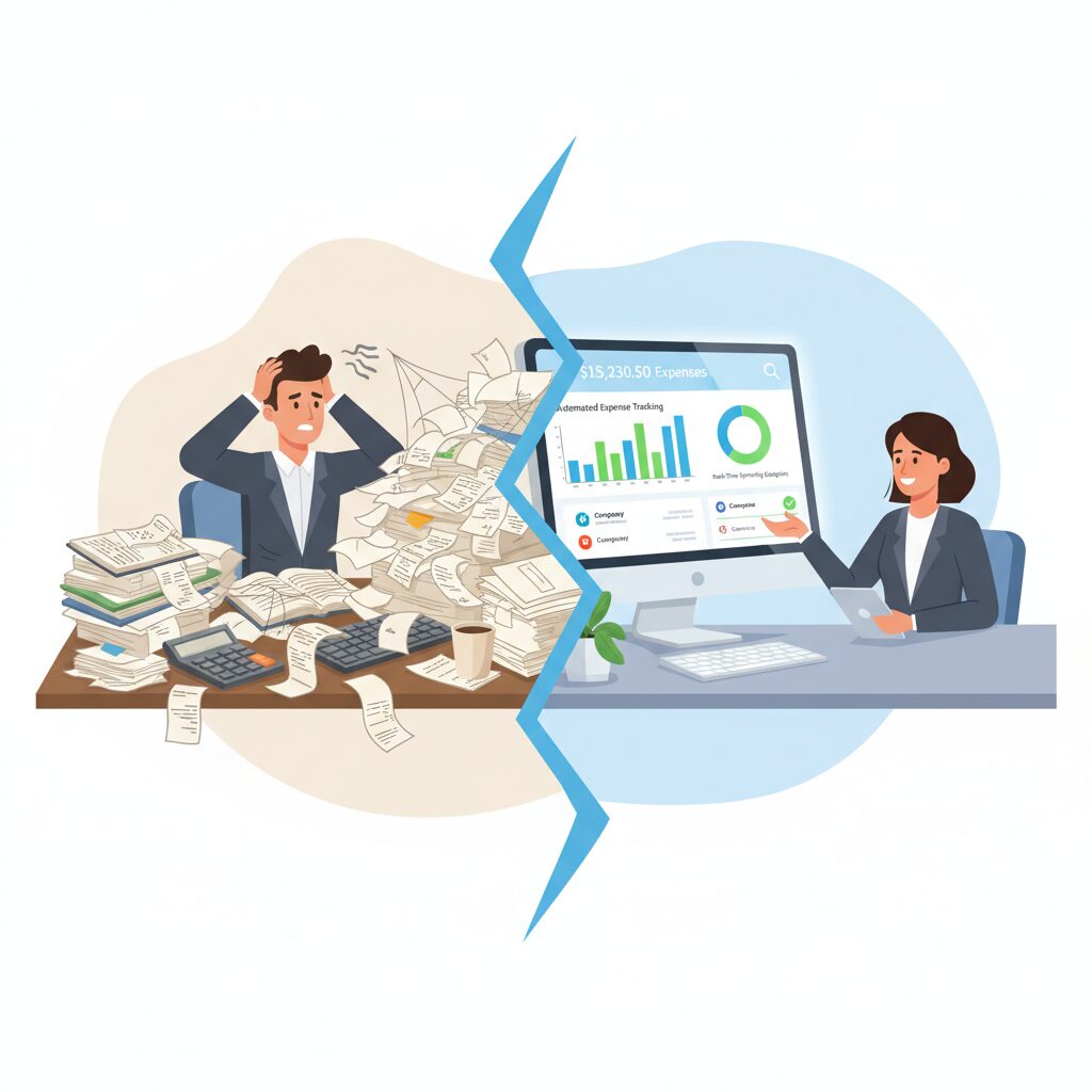 A split-screen illustration contrasting a stressed employee at a desk piled with paper receipts against a professional using a modern dashboard for automated expense tracking with prepaid cards.