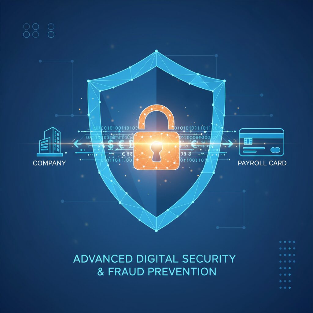 Corporate illustration depicting a transparent digital shield with a glowing padlock icon, protecting a flow of financial data between a company and a payroll card; symbolizing advanced digital security, fraud prevention, and the strategic payroll card benefits for modern enterprises.