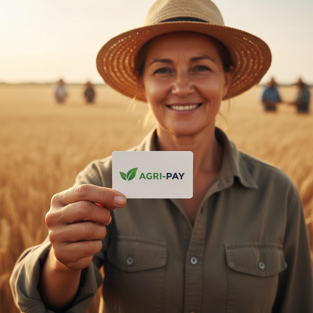 Photorealistic, warm-toned image of a smiling agricultural worker in a field, holding up a modern 'AGRI-PAY' payroll card, representing payroll card benefits, financial inclusion, and empowerment for unbanked employees in the agricultural sector.