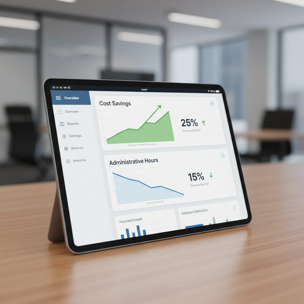 Clean UI design of a corporate dashboard on a tablet screen, displaying data visualizations with upward-trending graphs for 'Cost Savings' and downward-trending graphs for 'Administrative Hours', illustrating business efficiencies and the long-term payroll card benefits.