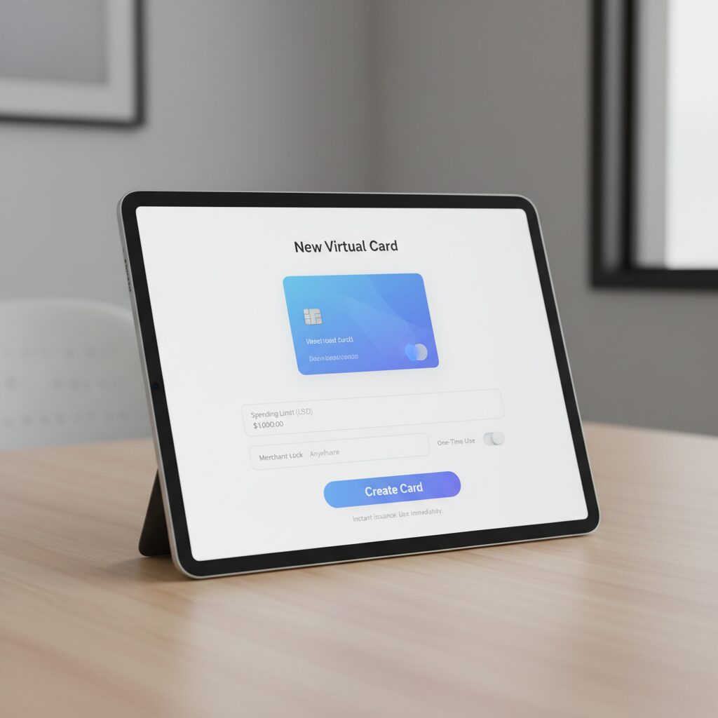 A clean UI design on a tablet screen demonstrates how does a virtual card work within a modern banking application; the interface is crisp and professional, with fields for setting spending limits and a button to 'Create Card,' highlighting the ease of instant issuance for any virtual payment.