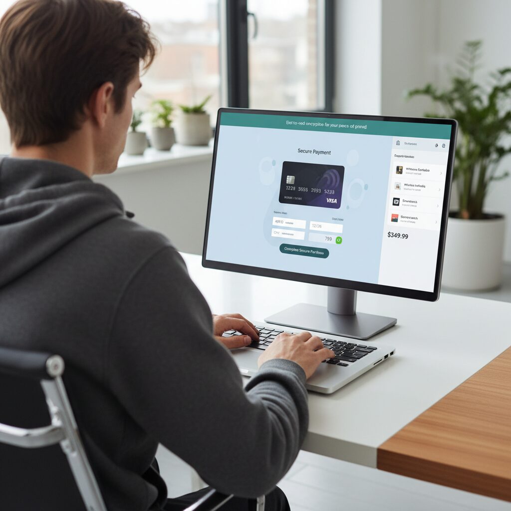 An over-the-shoulder photorealistic view of a person at a sleek desk using a laptop to complete an online purchase; the screen displays a modern checkout page to illustrate how does a virtual card work in a real-world scenario. Virtual card details are entered into the payment fields, showing a secure virtual payment in action.