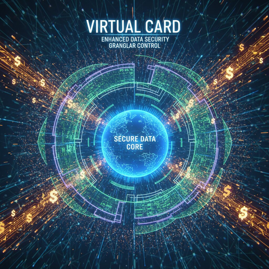 Abstract tech corporate illustration depicting a central, secure data core protected by multiple layers of cryptographic shields, where digital streams of financial data are safely deflected, visually representing the enhanced data security and granular control of virtual cards.
