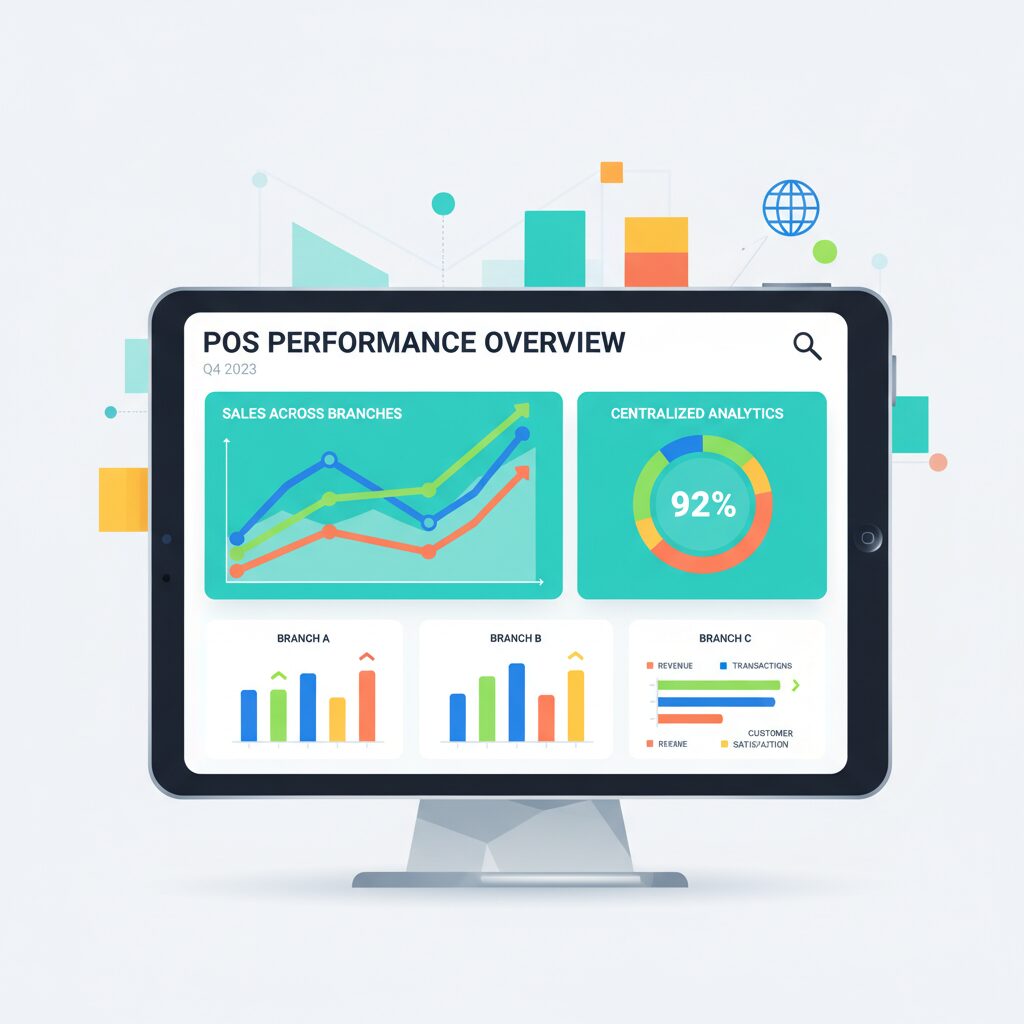 A clean and modern corporate illustration showing a vibrant, easy-to-read dashboard for restaurant POS systems on a tablet screen, featuring data visualizations, comparative sales graphs, and performance metrics for several restaurant branches, highlighting centralized analytics.