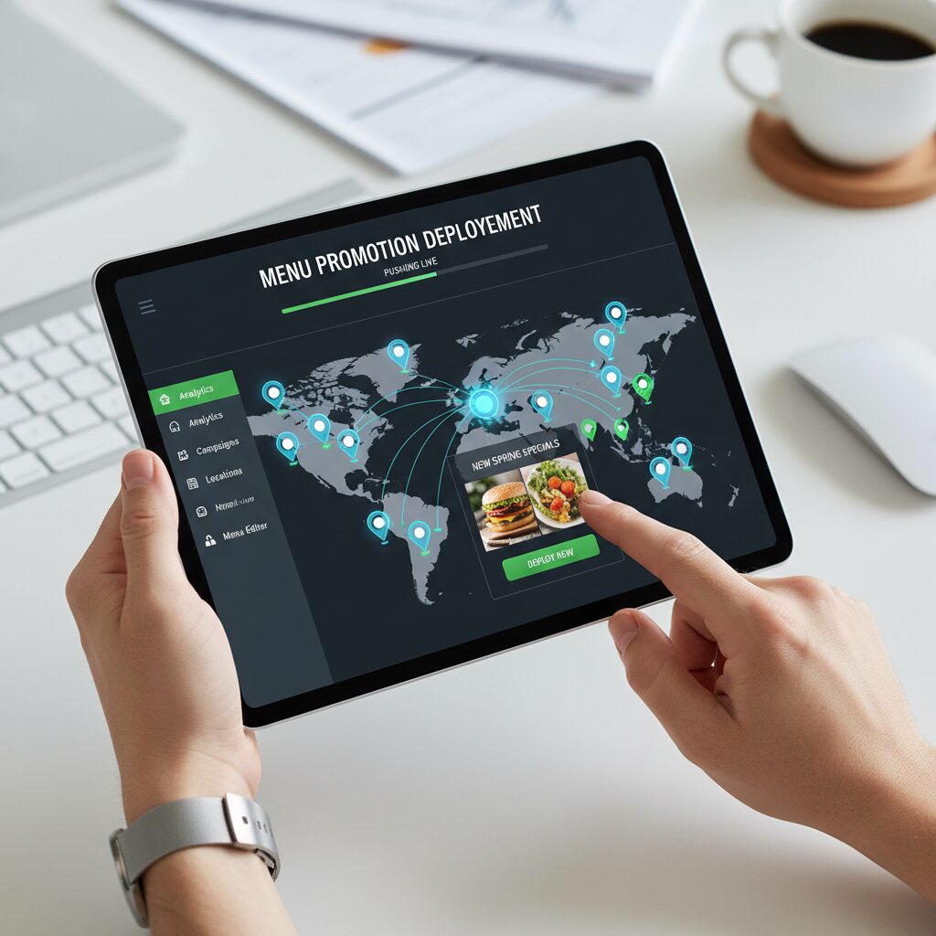 A close-up, top-down shot of a marketing manager's hands using a sleek tablet to deploy a new menu promotion, with the restaurant POS systems interface showing the update being pushed simultaneously to a network of connected locations on a map.