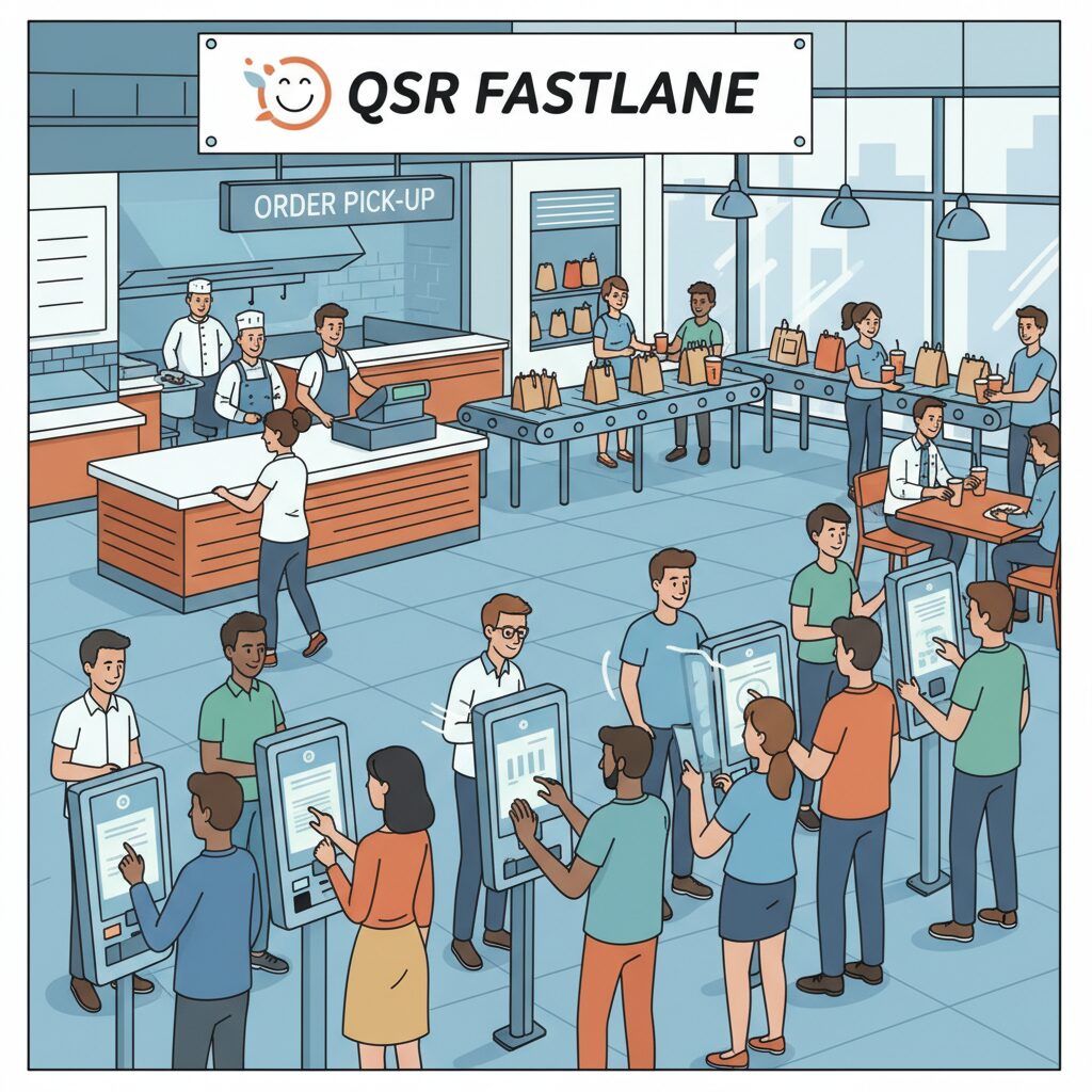 Corporate illustration depicting a bustling but efficient QSR during peak lunch hour, where multiple customers using interactive kiosks in parallel has completely replaced the traditional long, frustrating queue at a single counter.