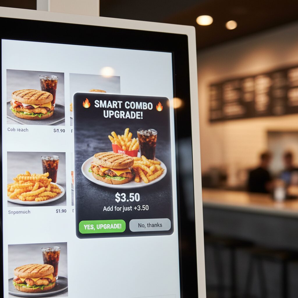 A clean UI design closeup of a restaurant kiosk screen displaying a visually tempting menu, with an automated, intelligent upsell prompt suggesting a combo meal, perfectly illustrating the concept of increasing average order value through technology.