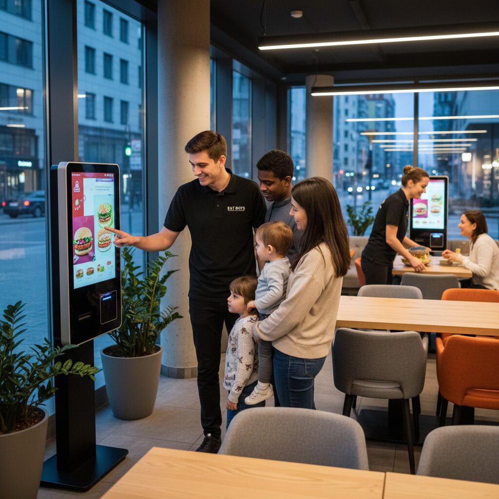 A photorealistic scene of a friendly restaurant employee assisting a family with their order on a self-service kiosk, showcasing how technology frees up staff for more valuable, customer-focused interactions in a modern dining environment.