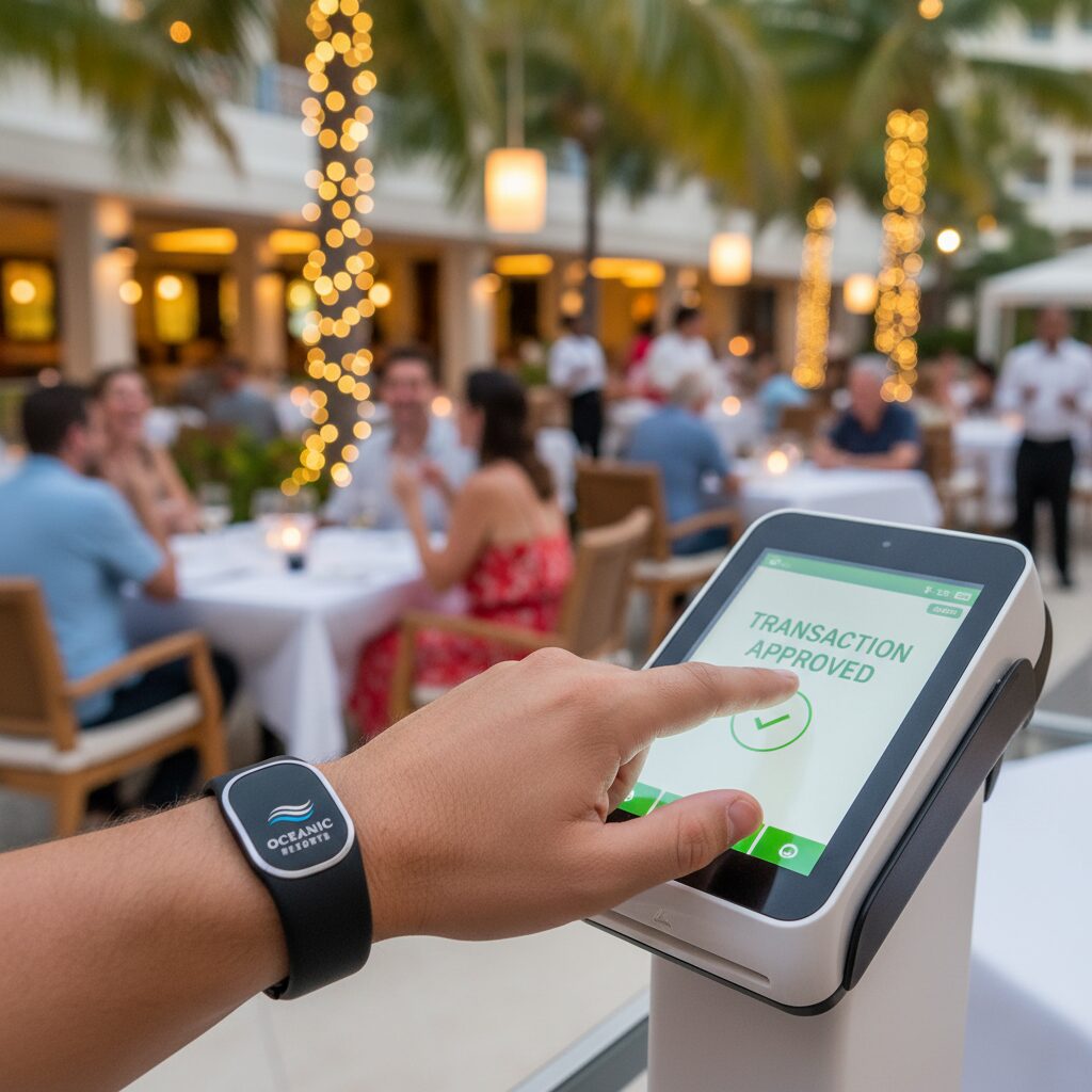 A close-up, photorealistic shot focusing on a guest's wrist with a modern, branded RFID wristband, tapping it against a terminal powered by hospitality payment solutions at a bustling resort restaurant; in the background, other guests are dining and enjoying the vibrant atmosphere, showcasing a seamless transaction.