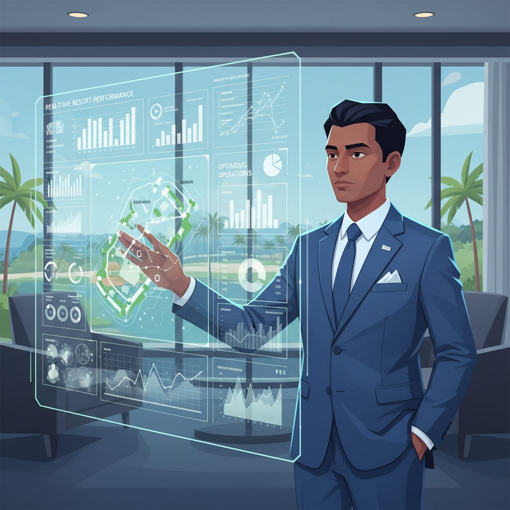 A corporate illustration of a resort manager in a modern office using a large, holographic dashboard displaying real-time data visualizations, charts, and a map of the resort, analyzing guest spending patterns and optimizing staff allocation with a gesture.