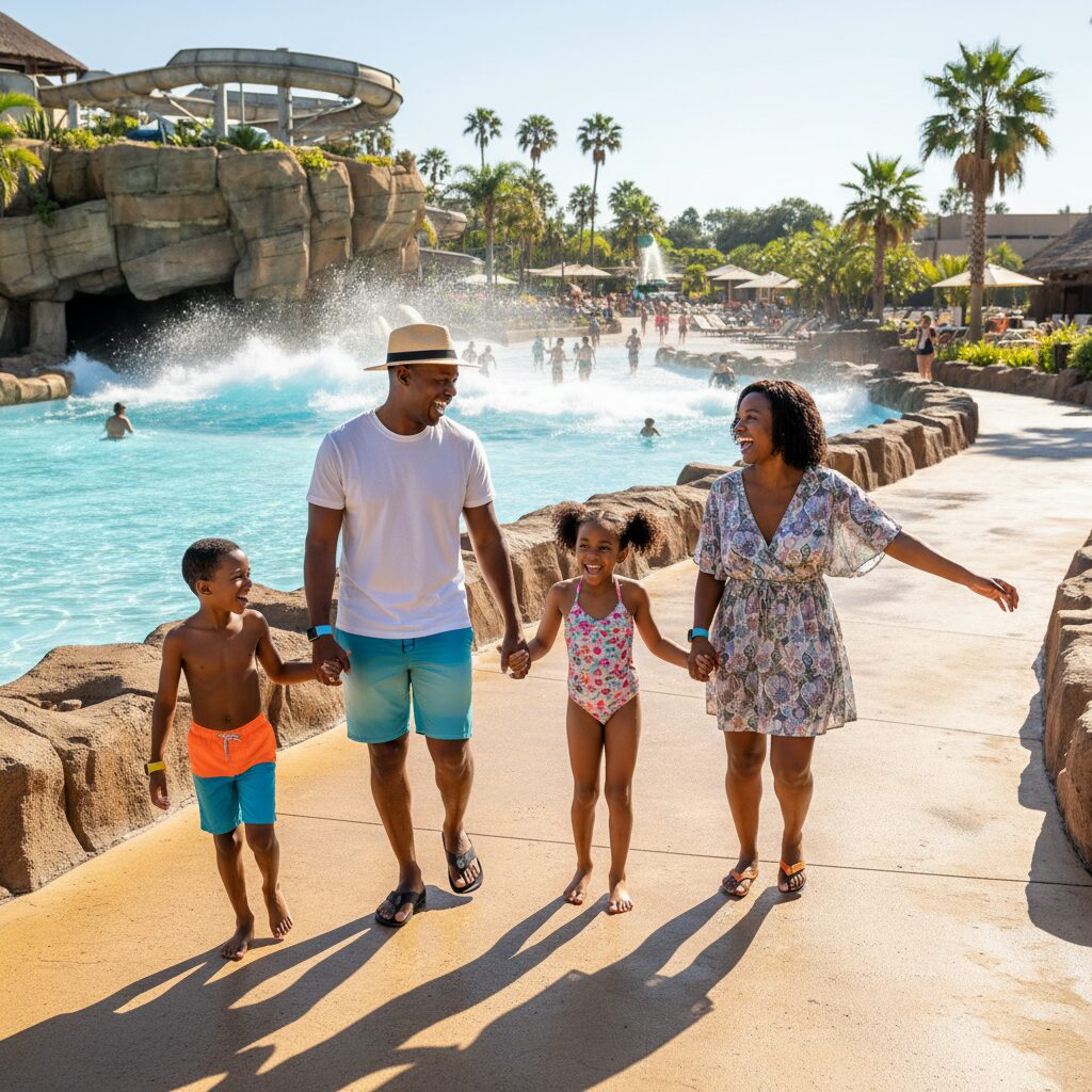 A bright, photorealistic photo of a happy family at a South African resort's water park, with the parents and children all wearing colorful RFID wristbands, laughing as they move freely without carrying any wallets or phones.