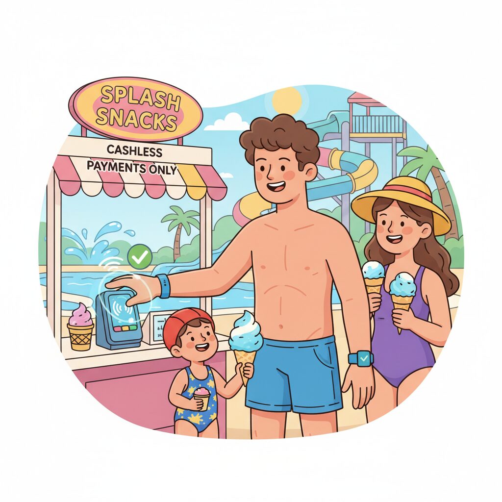 A corporate illustration depicting a happy family at a waterpark, where a parent is effortlessly paying for ice cream for their child using a simple tap of their waterproof cashless wristband, showcasing a seamless, wallet-free guest experience.