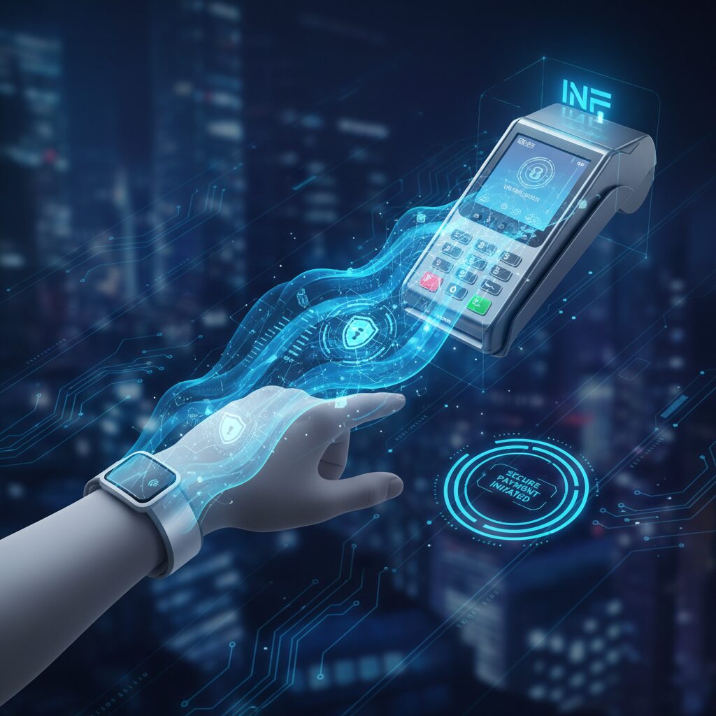 Abstract tech concept art showing an NFC wristband emitting clean, blue digital waves that securely connect to a point-of-sale terminal, visually representing the encrypted, contactless data transfer at the core of the technology.