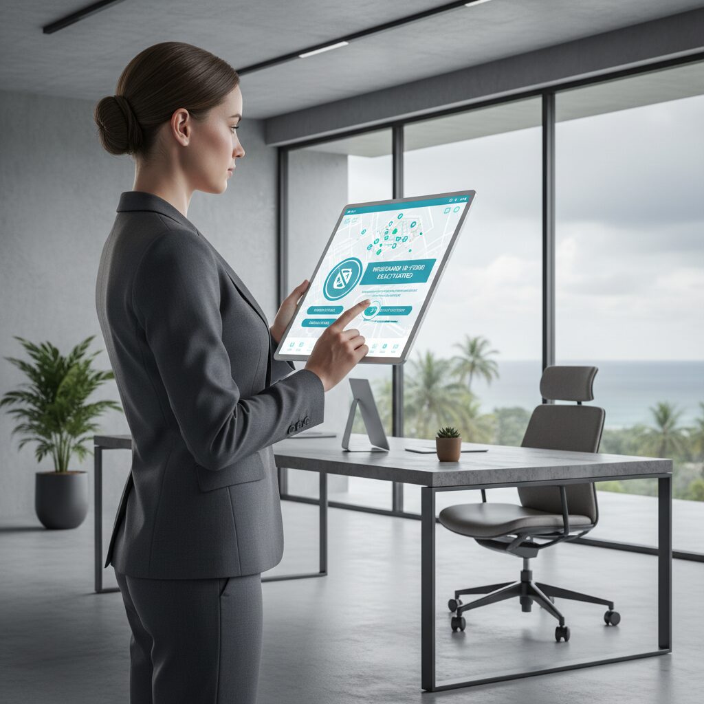 A professional resort manager in a modern, minimalist office environment uses a large, clean UI dashboard on a tablet to instantly deactivate a lost wristband, demonstrating the robust security and centralized control of the cashless payment system.