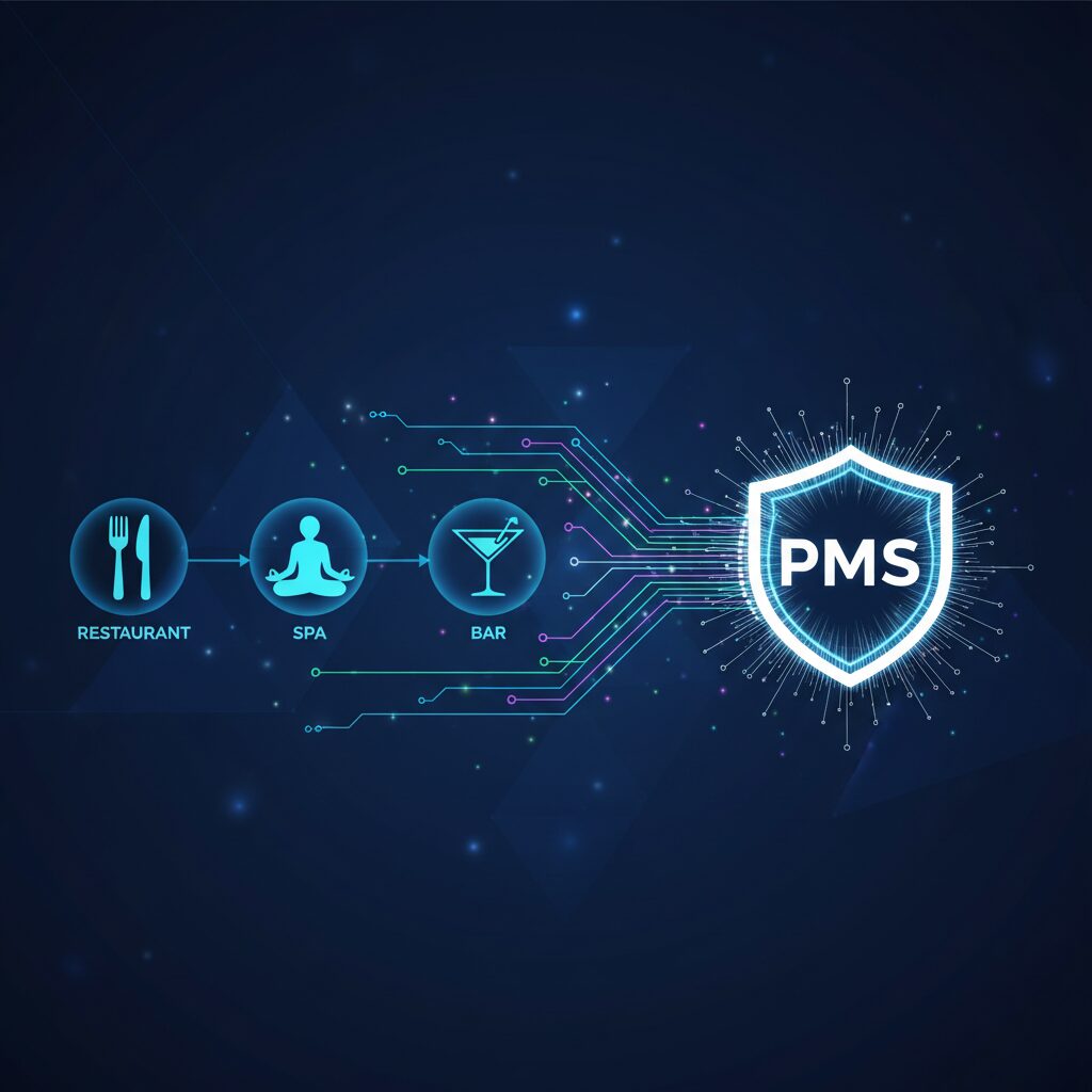 Abstract tech illustration showing glowing data streams flowing seamlessly from icons representing a restaurant, a spa, and a bar towards a central, secure hub labeled 'PMS,' all on a clean, dark blue corporate background.