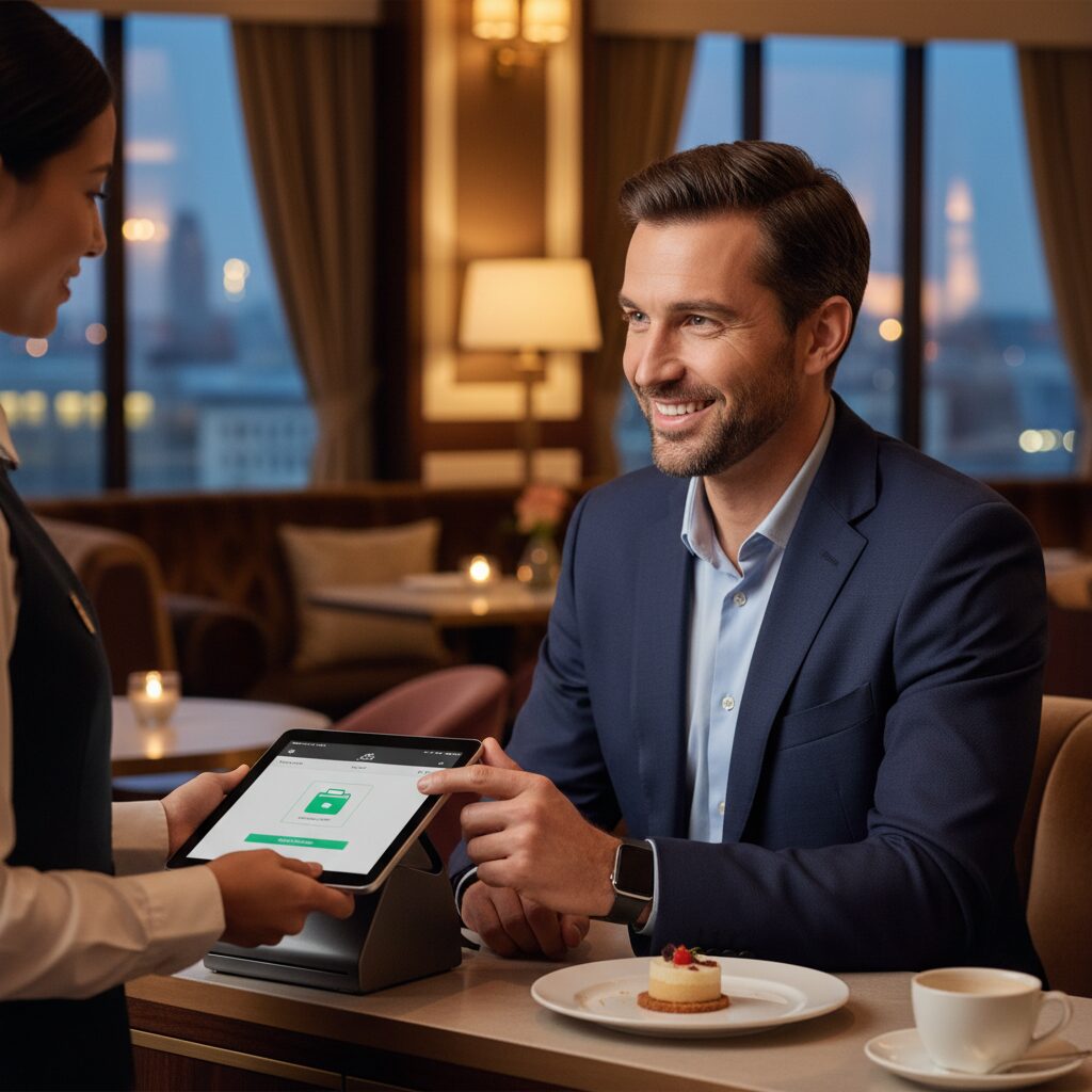 Photorealistic scene in a high-end hotel restaurant where a relaxed business professional, a long-stay guest, smiles while telling the server his room number, completing a frictionless transaction on a modern POS terminal without needing a physical card.