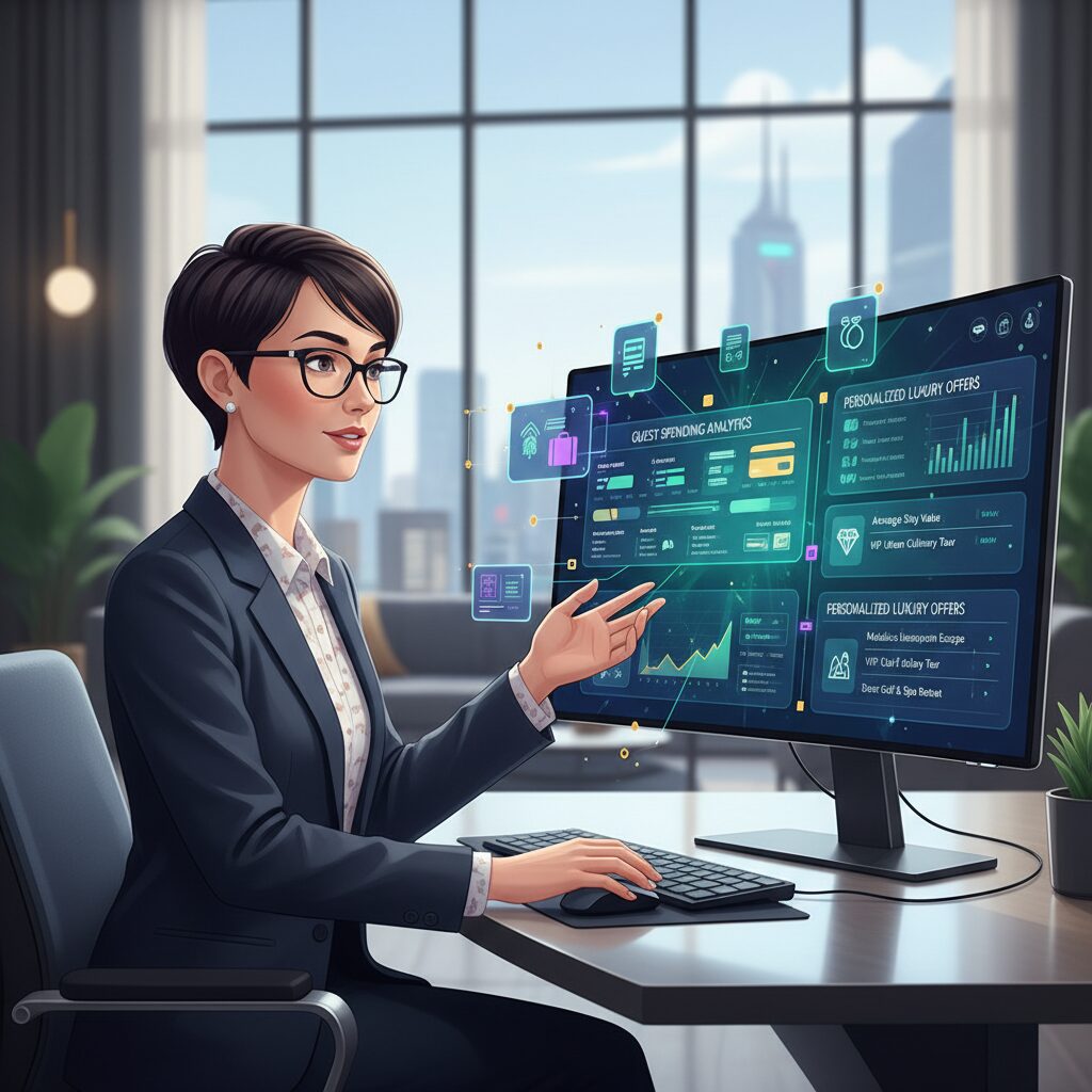 A corporate illustration showing a hotel marketing professional at a modern workstation, analyzing a vibrant dashboard on their computer that visualizes guest spending data to create personalized luxury travel packages and offers.