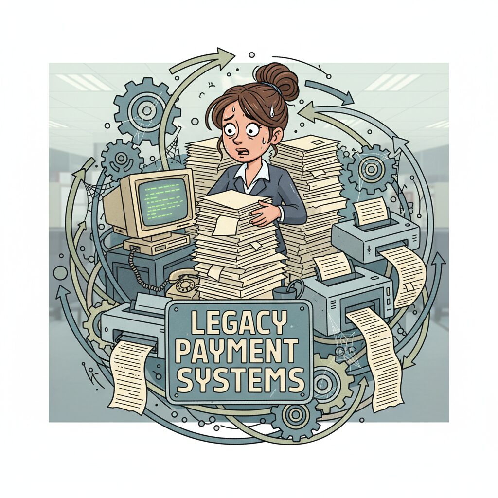 A corporate illustration showing a medical administrator looking overwhelmed by stacks of paperwork and outdated technology, visually representing the administrative complexity of old payment systems.