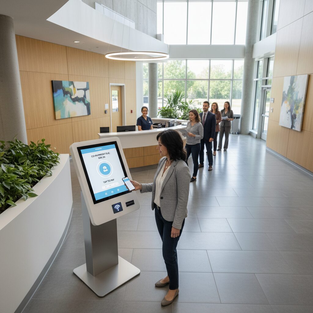 A photorealistic, wide-angle shot of a modern hospital reception where a patient uses a sleek self-service kiosk with a clean UI design to make a tap-to-pay co-payment.