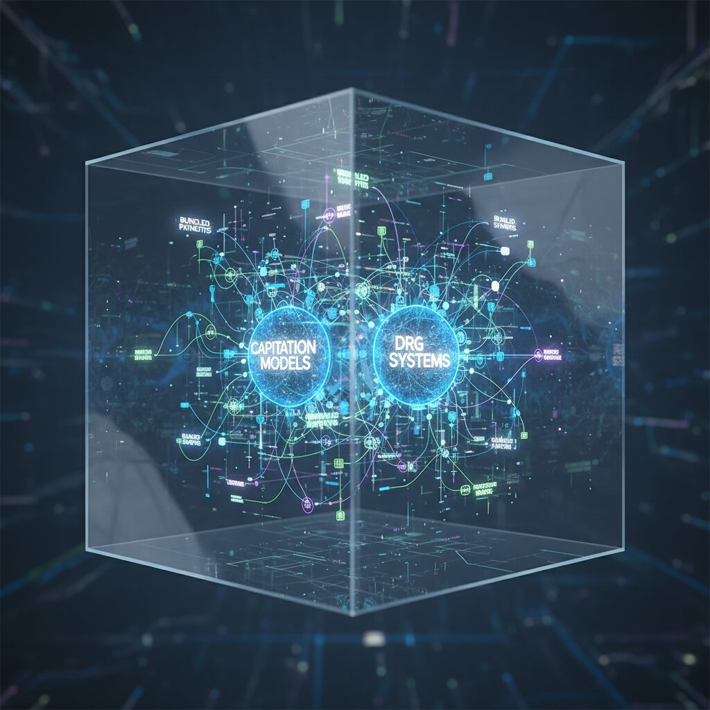 An abstract tech data visualization with glowing, interconnected nodes and data streams representing new, complex provider reimbursement models like capitation and DRGs in a clean, corporate style.
