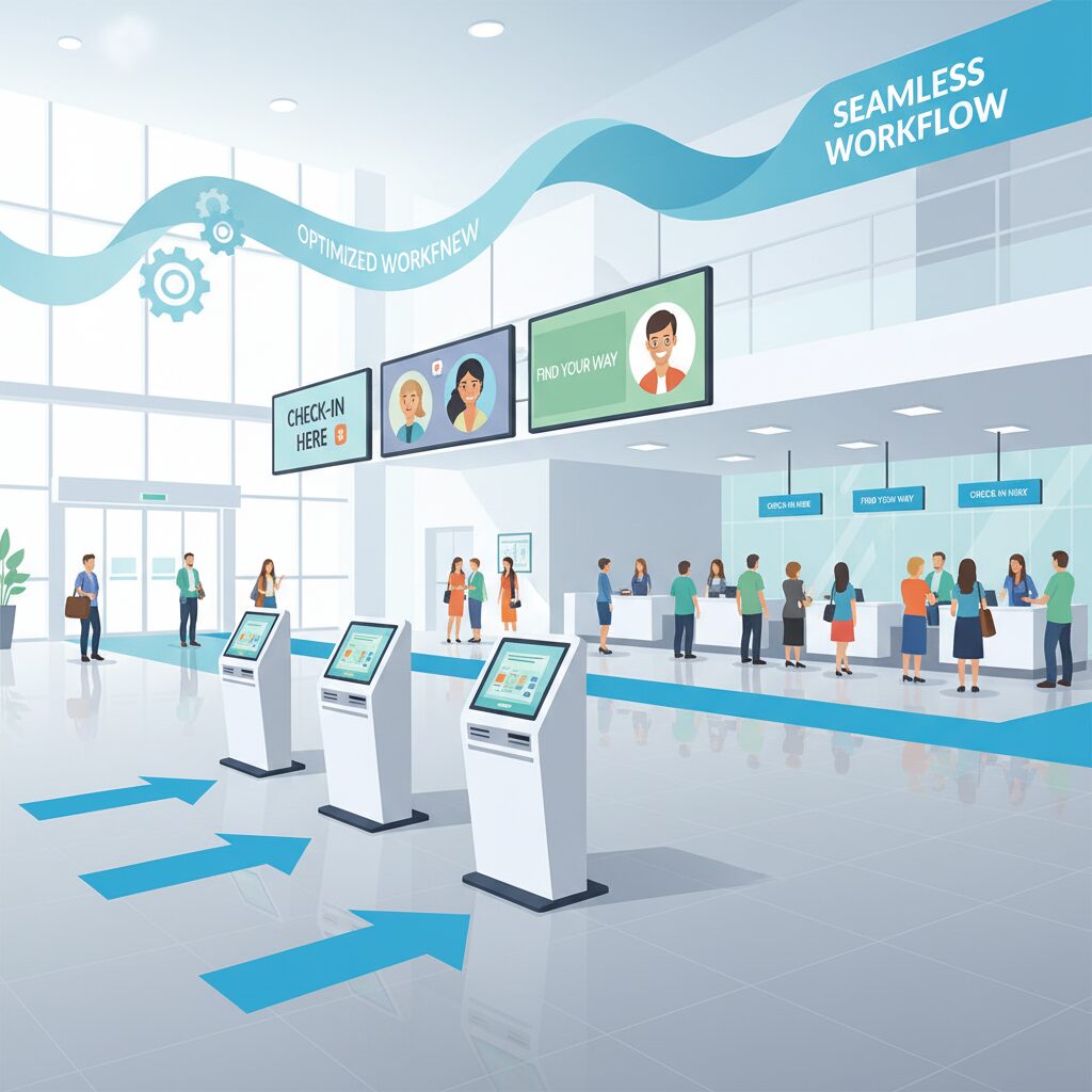 Corporate illustration showing the strategic placement of a hospital kiosk in a high-traffic reception area, featuring clear directional signage on the floor and digital screens that guide patients toward patient self-service, emphasizing an optimized and seamless workflow.