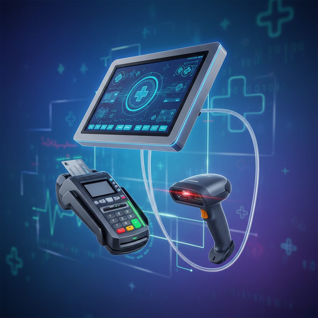 Abstract tech-focused image showcasing the essential hardware of a hospital kiosk, such as an industrial-grade touchscreen, a high-speed barcode scanner, and a secure payment terminal, arranged in a clean, deconstructed layout to highlight the robust design of the patient self-service system.