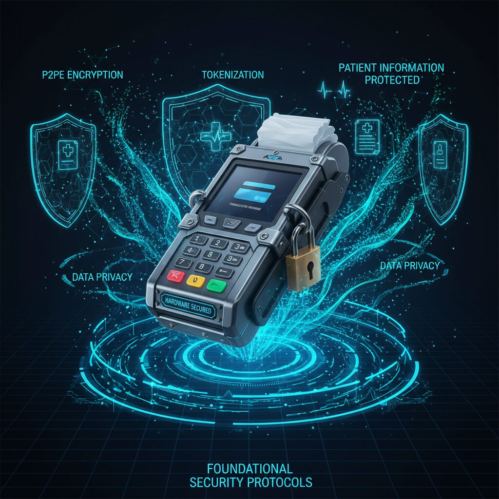 Data visualization graphic representing foundational security protocols, where a secure, hardware-locked payment terminal is shown with glowing digital shields and padlocks, with abstract data streams symbolizing P2PE encryption and the protection of patient information.