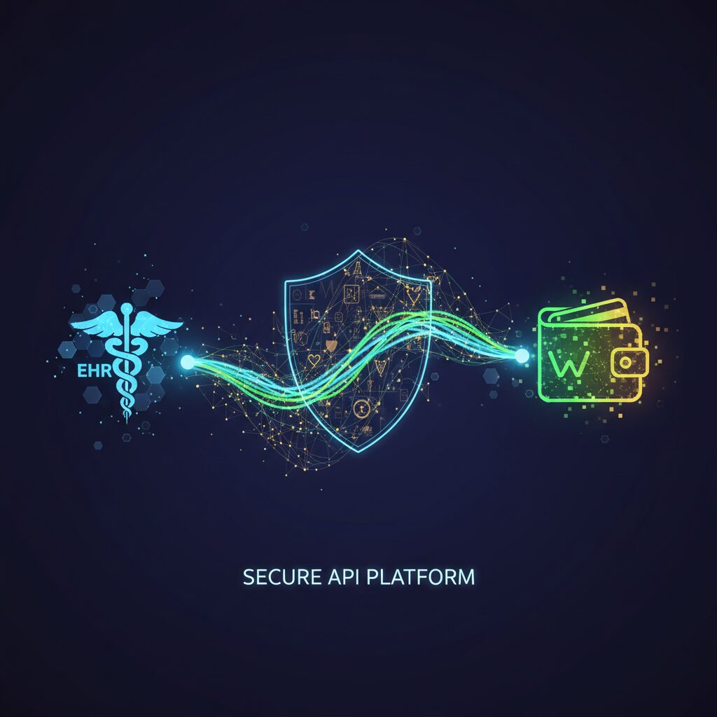 Abstract tech data visualization showing a secure, glowing line of data connecting a medical EHR icon with a digital wallet icon on a dark background, representing a seamless and secure API-driven platform integration.