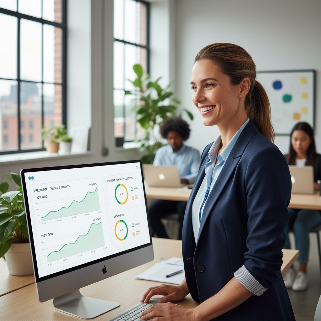 A clinic manager in a bright, modern office smiling as they review a clean UI dashboard on a large monitor that displays predictable revenue growth charts and streamlined patient payment statuses, illustrating operational efficiency.