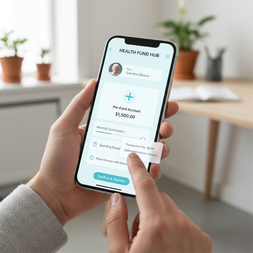 A close-up shot of a person's hands holding a smartphone with a clean and modern digital wallet app, showing them easily pre-funding an account for a family member's healthcare, emphasizing financial control and transparency.