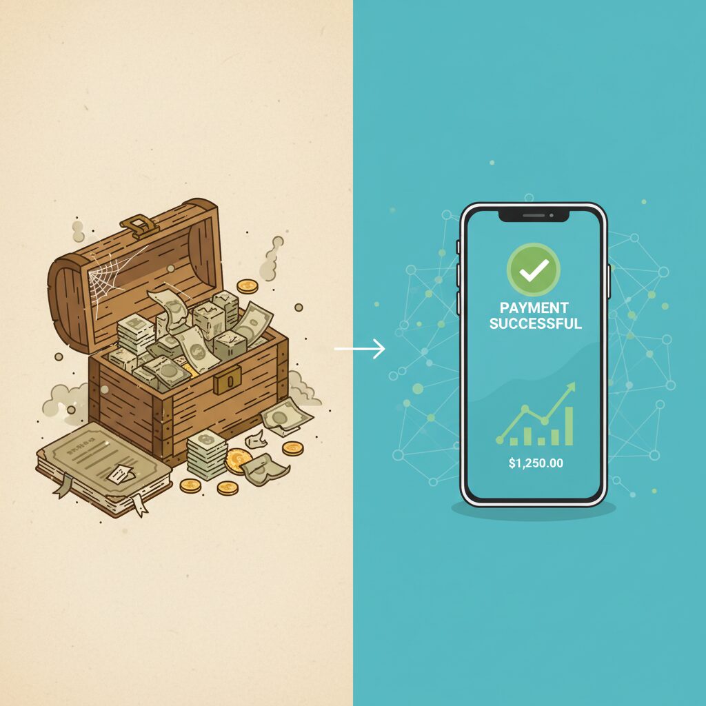 A corporate illustration using a split-screen concept, showing a dusty, overflowing cash box on one side and a sleek smartphone with a successful digital payment confirmation on the other, emphasizing how technology brings your modern school fundraising ideas to life through seamless efficiency.