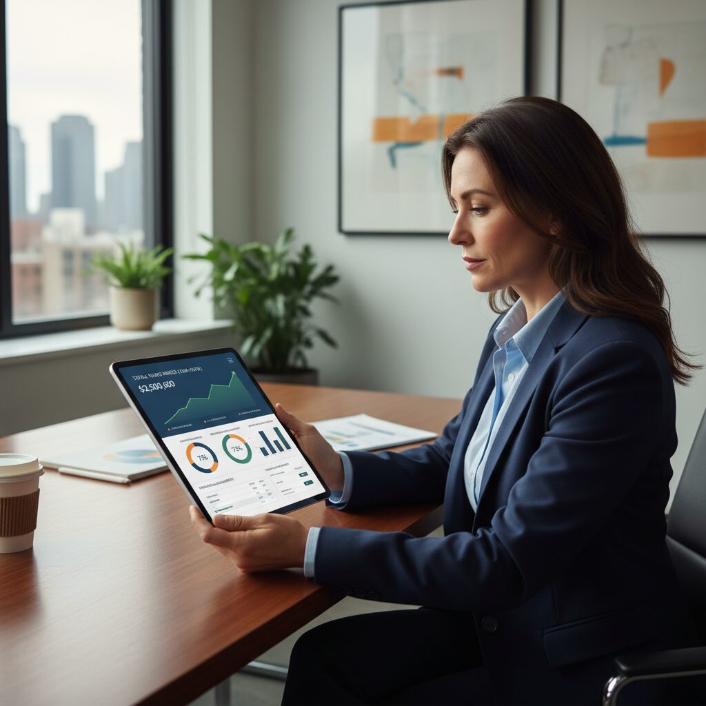 A professional school administrator in a modern office reviews a tablet displaying a clean data visualization dashboard with charts and graphs, illustrating real-time success for their latest school fundraising ideas and ensuring total financial accountability.