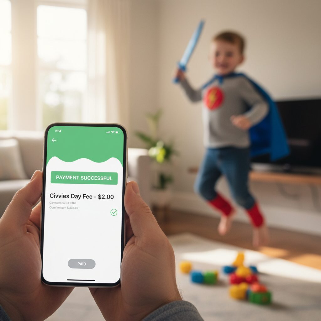 A photorealistic scene focusing on a parent's hands holding a smartphone with a clean school payment UI, successfully executing one of the many quirky fundraising ideas for schools by paying a 'Civvies Day' fee, while their child is happily visible in a superhero costume in the blurred background.