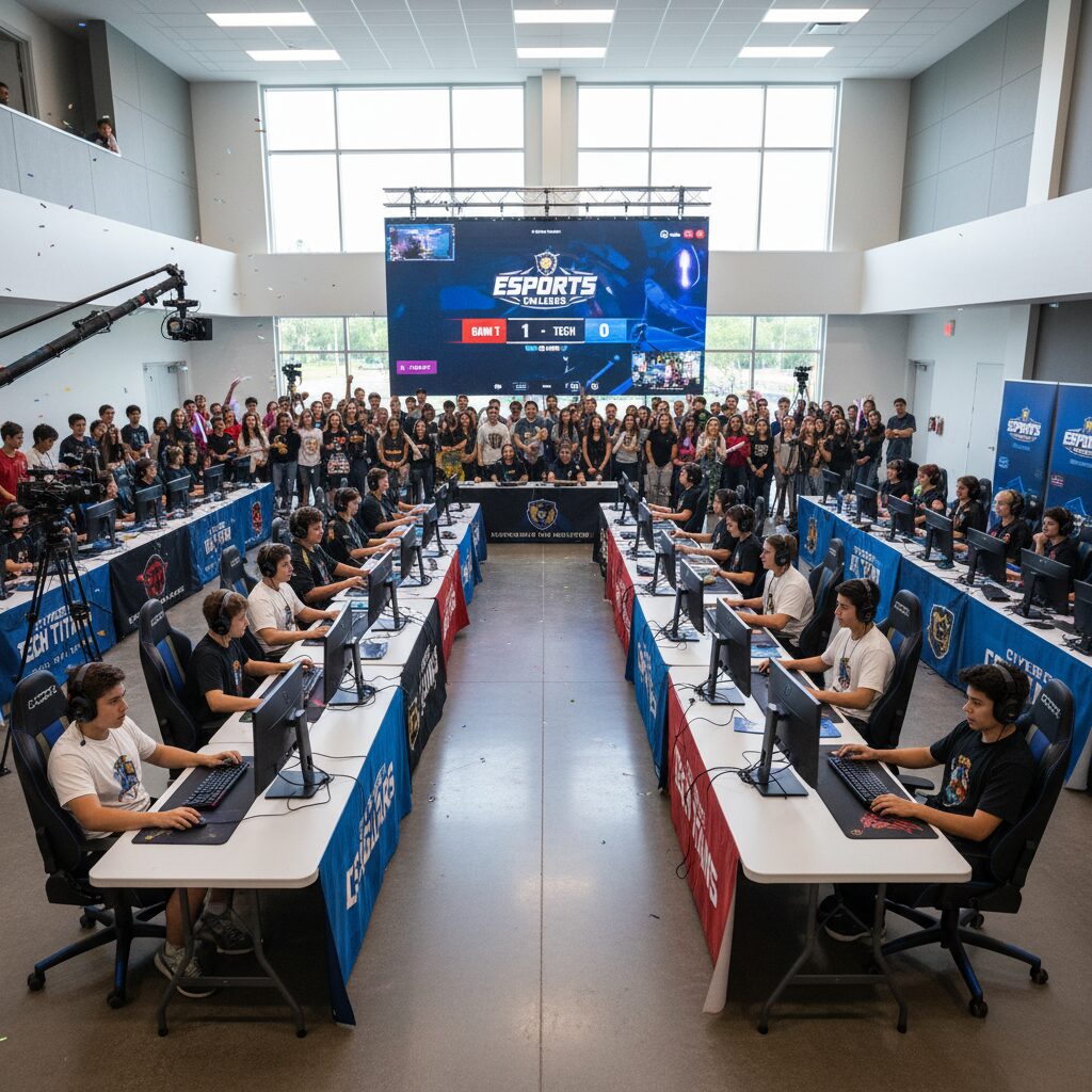 A dynamic, wide-angle photorealistic shot of a professionally organized school eSports tournament in a modern, well-lit hall, showing diverse students competing on computers with team branding and a large screen displaying the live-stream scoreboard.