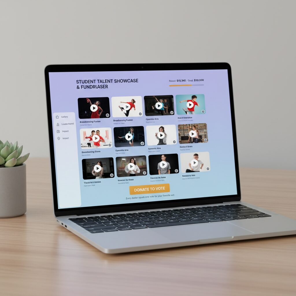 A clean UI design composition showing a laptop screen displaying a sleek online gallery of student talent videos, with a prominent 'Donate to Vote' button, illustrating a digital talent showcase fundraiser.