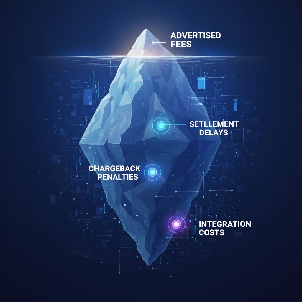 A striking corporate illustration using the iceberg metaphor, where the small visible tip is labeled 'Advertised Fees' and the vast, detailed underwater section reveals glowing nodes labeled 'Settlement Delays,' 'Chargeback Penalties,' and 'Integration Costs,' all set against a deep blue, data-patterned background.