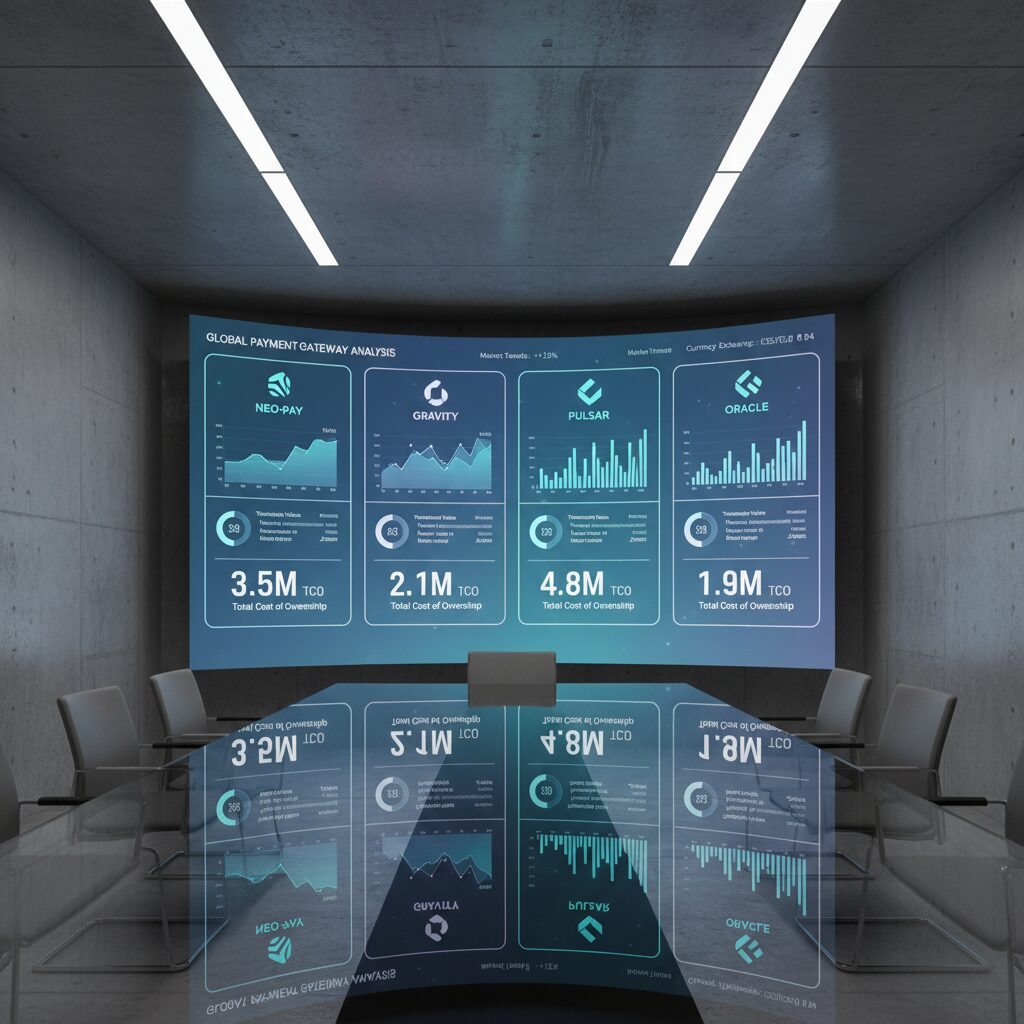 Clean UI design of a futuristic financial dashboard on a large screen in a modern boardroom, showcasing a side-by-side comparison of four abstract payment gateway options with dynamic data visualizations, graphs, and a final 'Total Cost of Ownership' score highlighted for each.