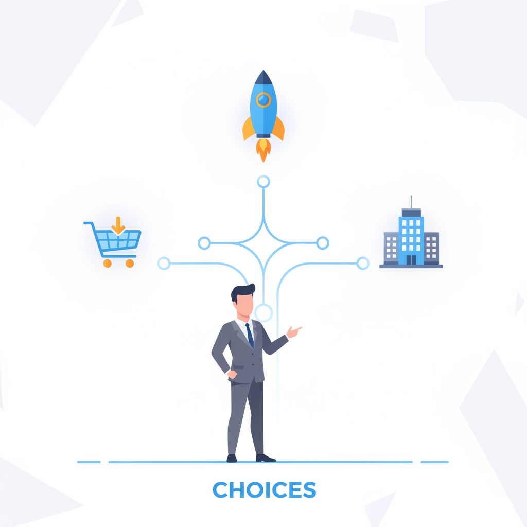 A professional, minimalist corporate illustration depicting a business owner standing at a digital, branching decision tree on a clean white background; each path leads to a different business model icon such as an e-commerce cart, a startup rocket, or an enterprise building.