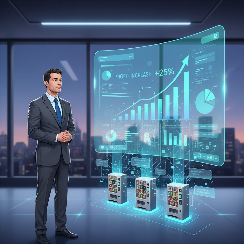 A corporate illustration showing a manager viewing a large, clean UI dashboard on a transparent screen that displays rising profit graphs, with abstract data visualizations flowing from cashless vending machine icons to symbolize the shift to actionable digital insights.