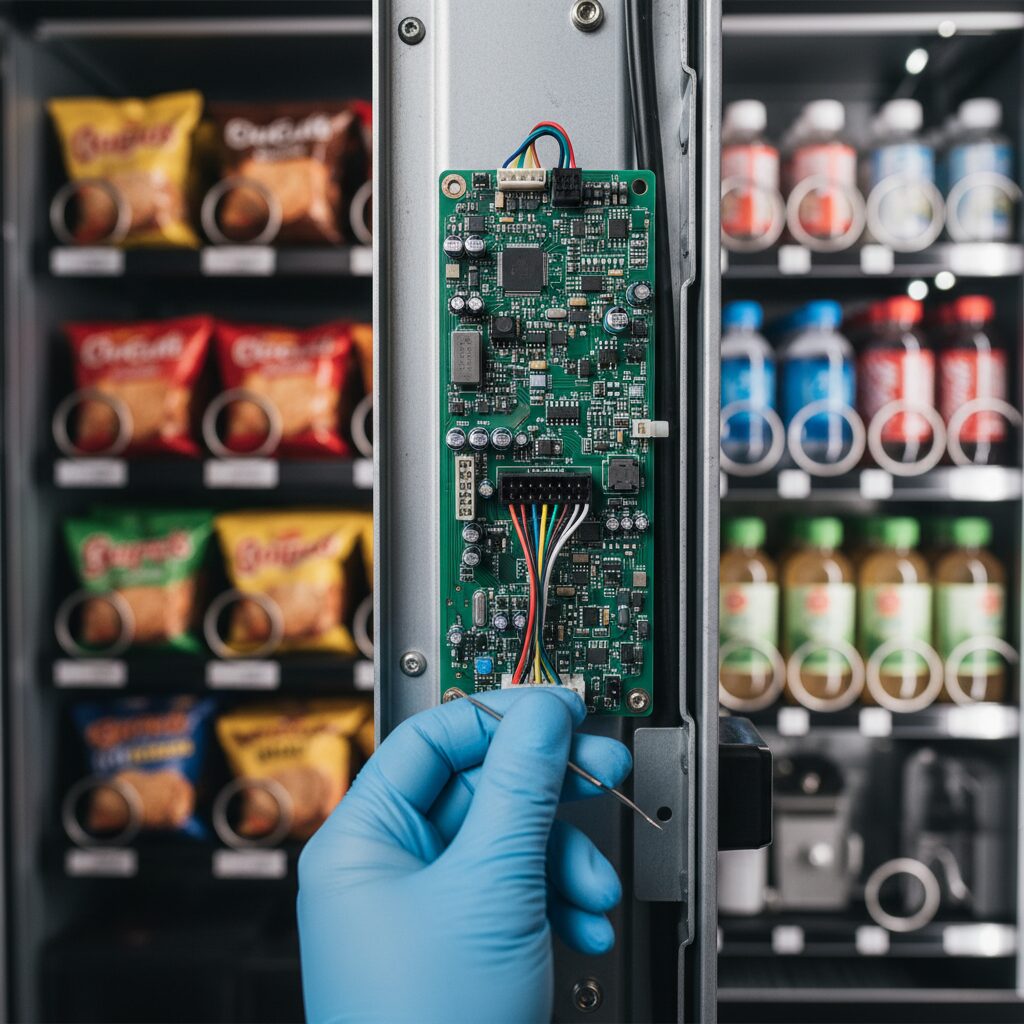 A sharp, detailed photograph from a technician's point of view, looking inside a vending machine and highlighting the 6-pin MDB connector on the main controller board to verify system compatibility before installing a card reader for vending machines.